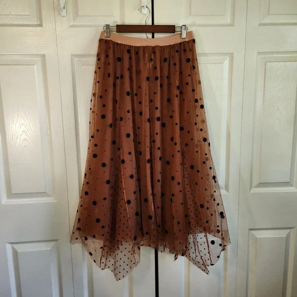 Maeve Anthropologie Polka Dot Tulle Maxi Skirt Brown Black Flocked Mesh Medium - Picture 2 of 8